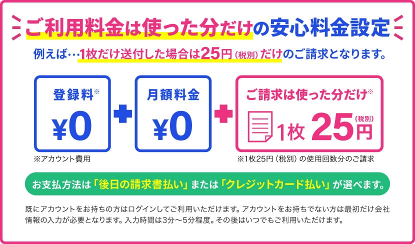 基本料金0円、1枚25円のみ