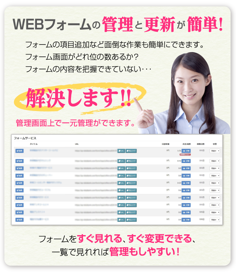 管理画面でフォームを一元管理できるから動きがわかる